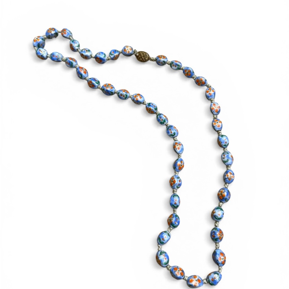 Vintage Porcelain Floral Painted Beaded Necklace